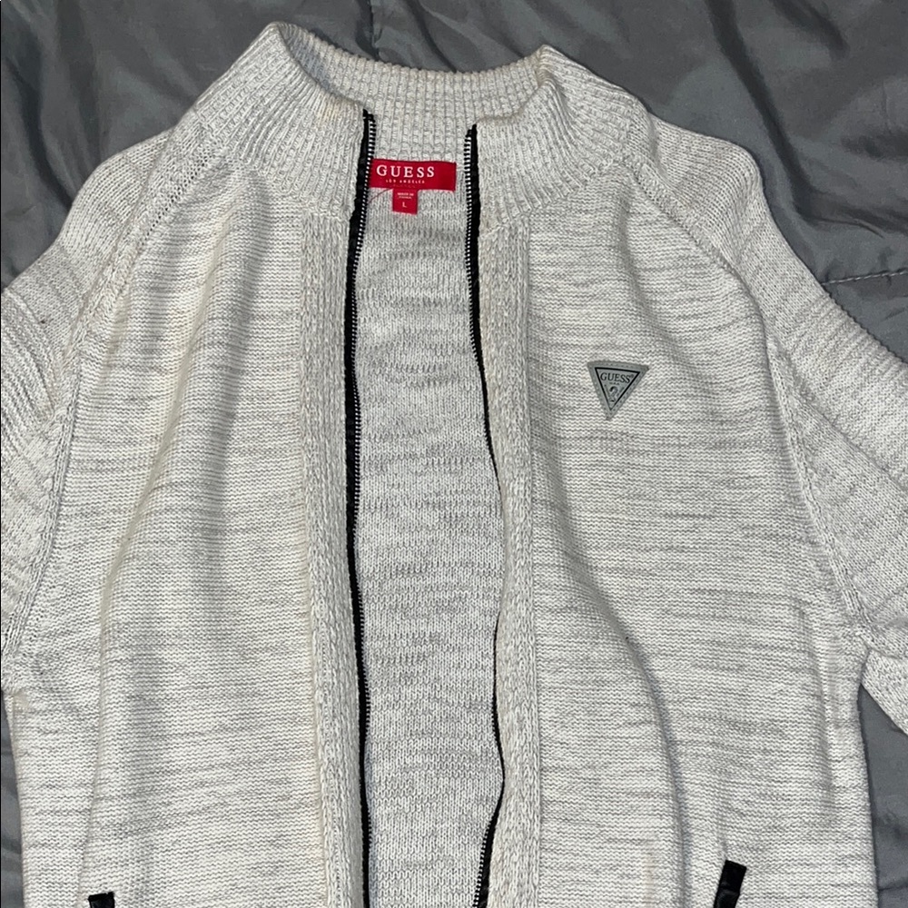 White Zip-Up Sweater with Black Accents
